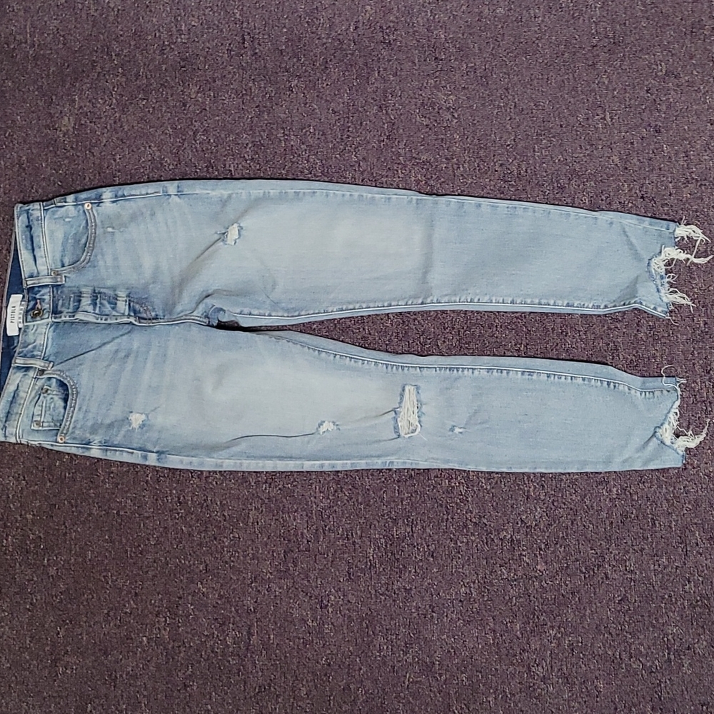 high rise blue jeans, 26, ripped.